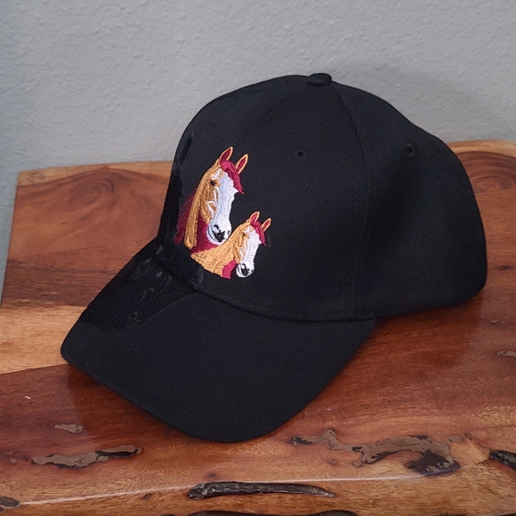 Black Embroidered Horse Hat One Size Velcro Back - Picture 3 of 4